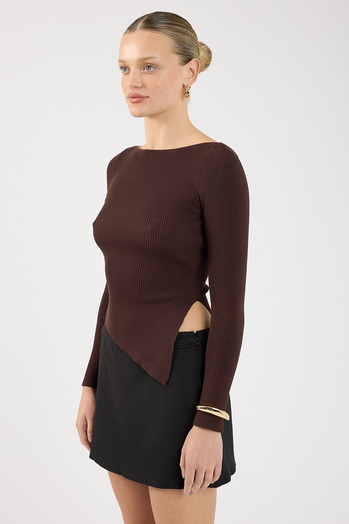 Perfect Stranger Long Sleeve Asymmetrical Rib Knit Top White