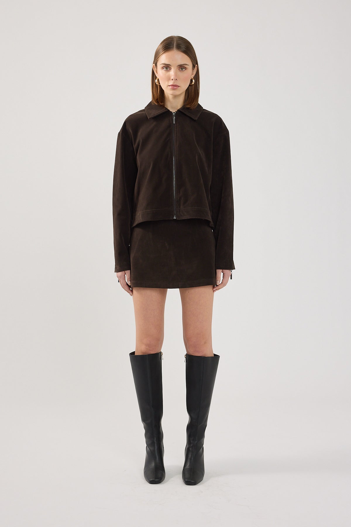Perfect Stranger Kandice PU Suede Zip Up Jacket Brown