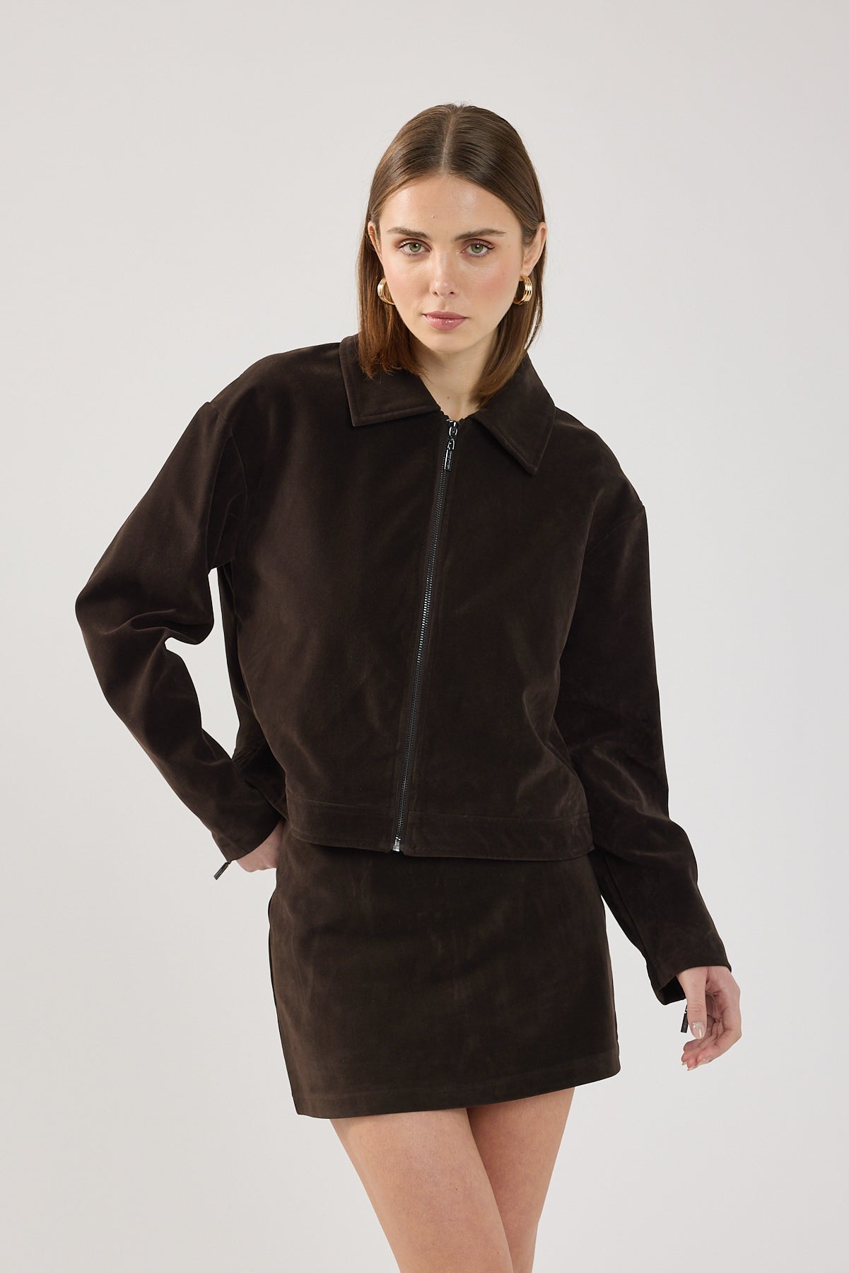 Perfect Stranger Kandice PU Suede Zip Up Jacket Brown