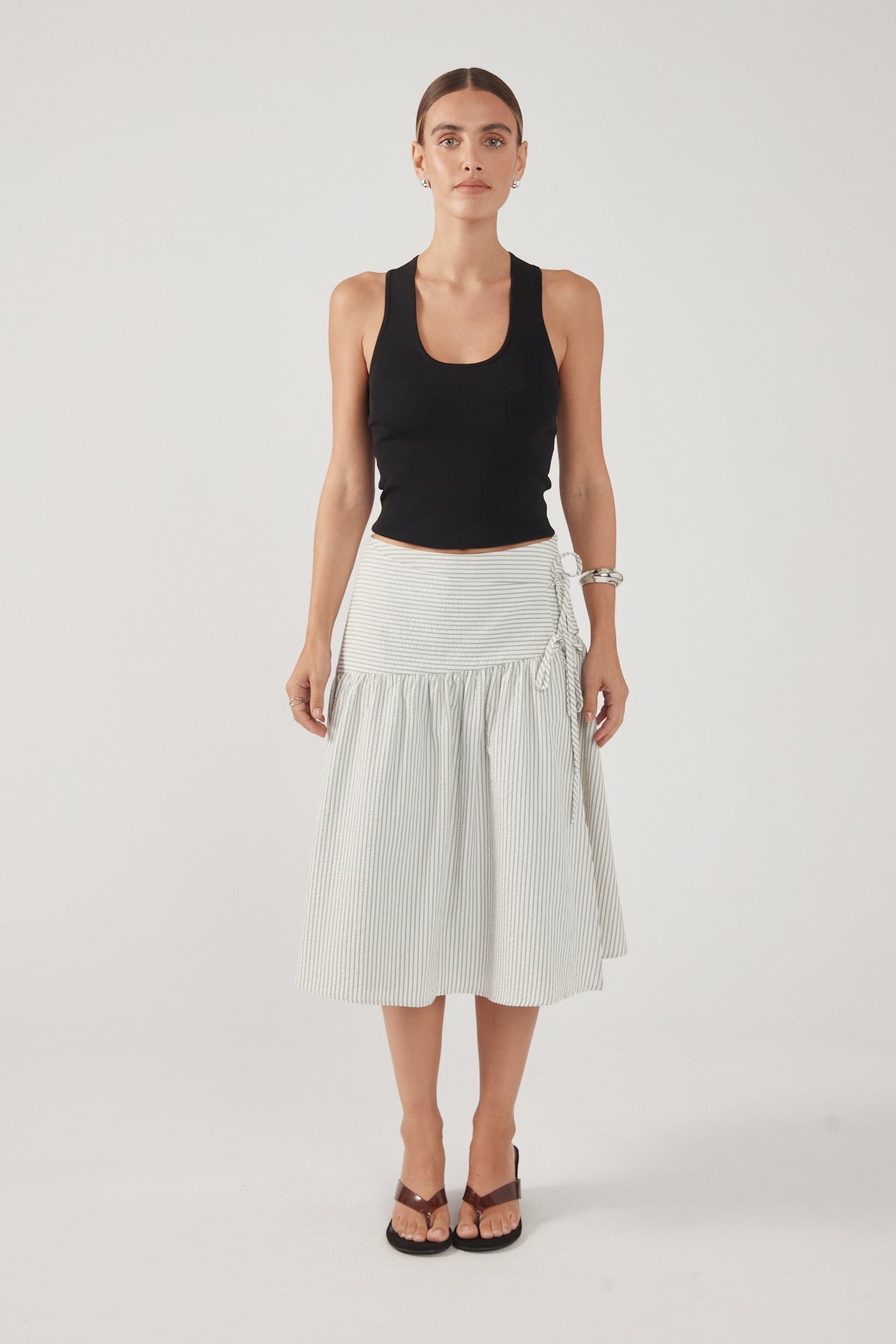 Perfect Stranger Mysti Wrap Midi Skirt White and Black Stripe