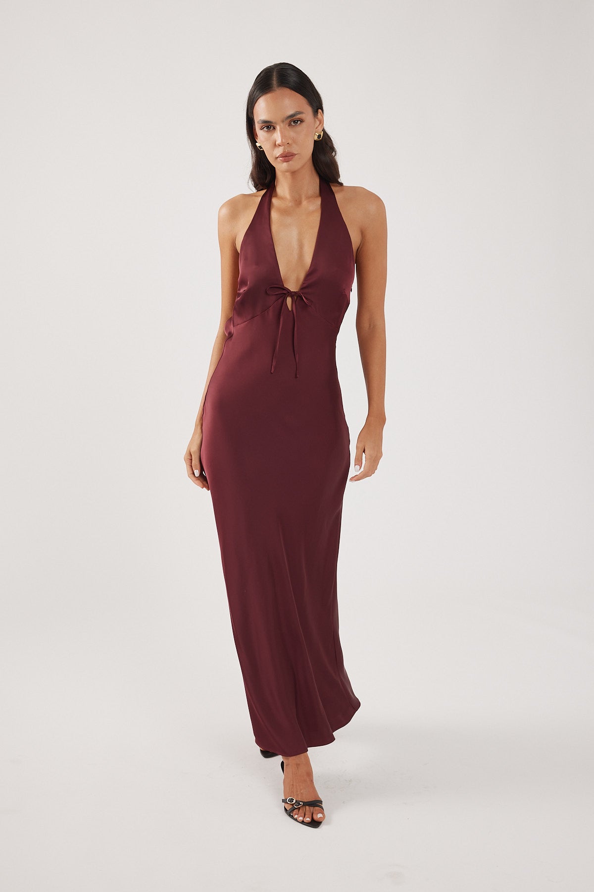 princess polly baby blue dress Burgundy Halter Evening Gown | Deep-v Cowl Neck, Gold Bar Detail, Ruched  Mermaid Maxi Dress