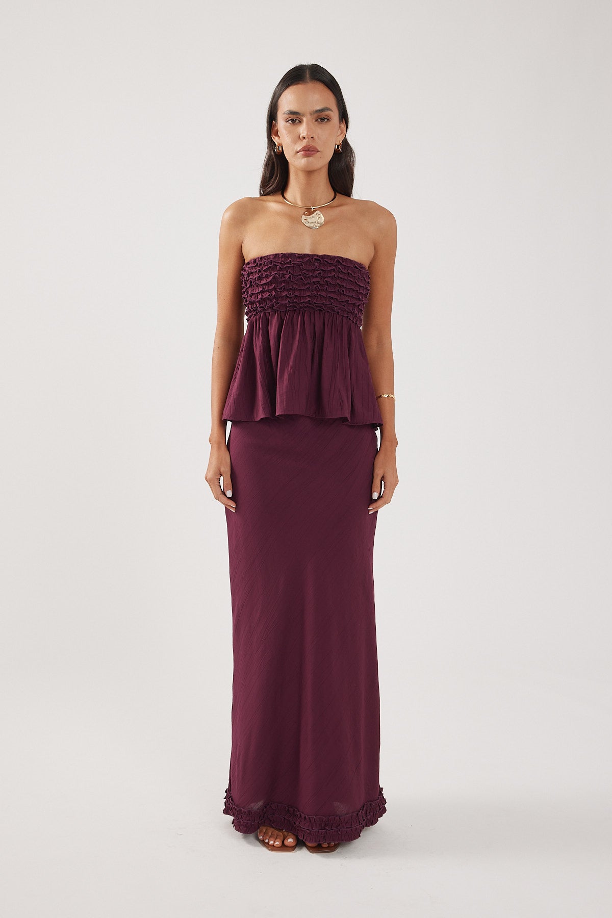 Perfect Stranger Jada Frill Maxi Skirt Plum