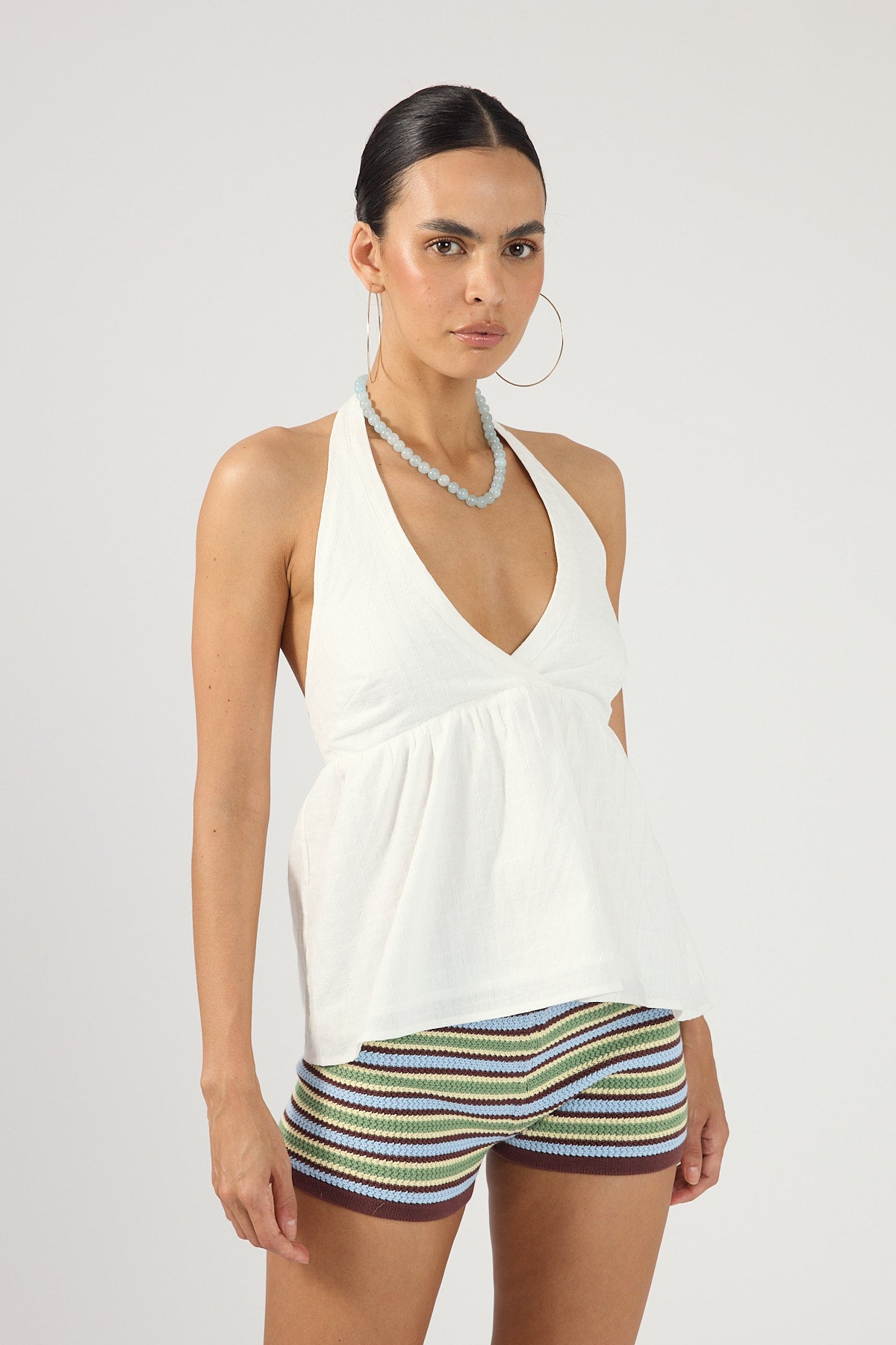Perfect Stranger Dawn Crochet Mini Shorts Green/Blue Stripe
