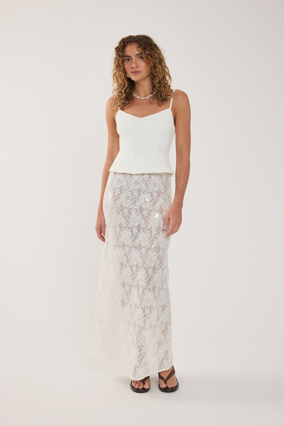 Perfect Stranger Lotta Lace Sequin Maxi Skirt White