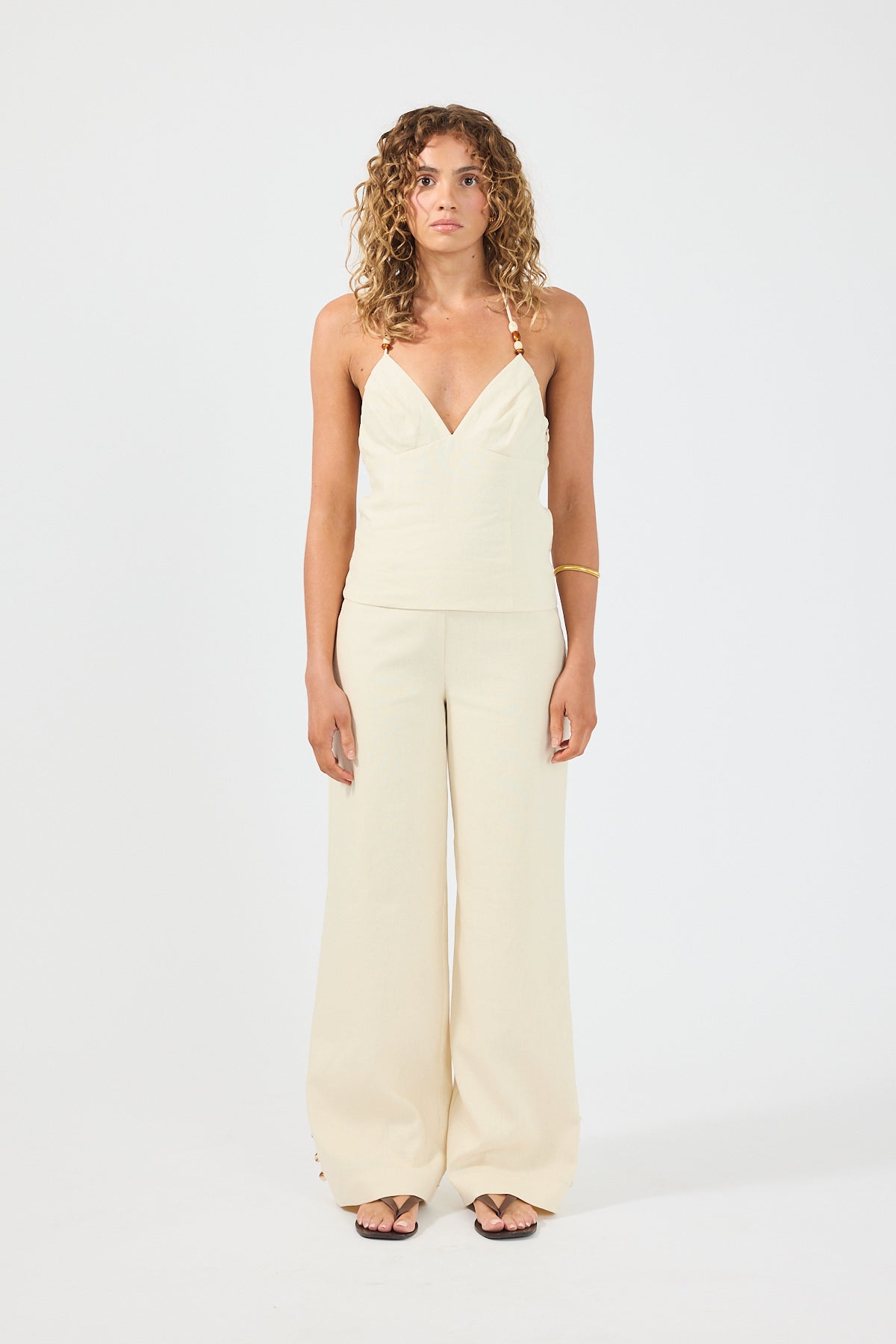 Perfect Stranger Juni Linen Halter Bead Top Butter