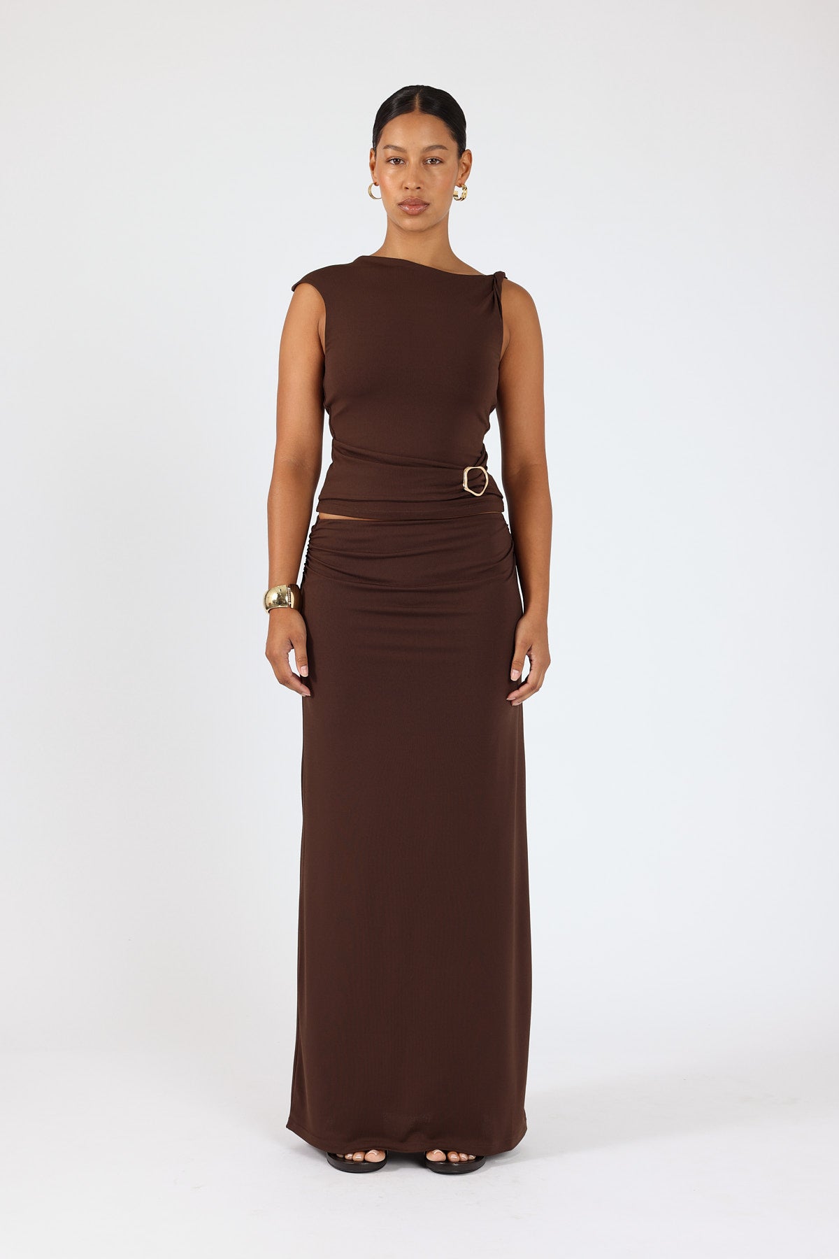 Perfect Stranger Dorian Draped Buckle Top Brown