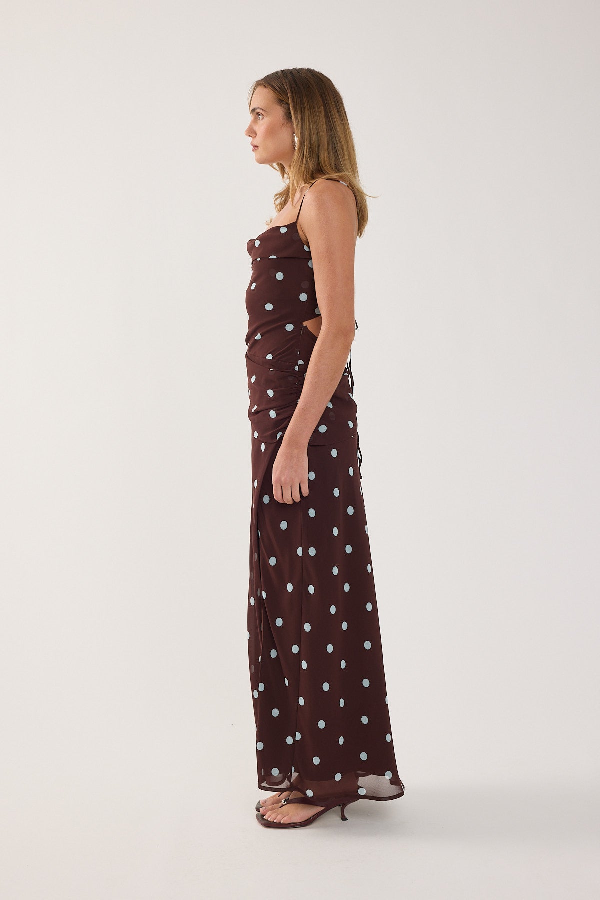 senior brunch dress Perfect Stranger Naya Polka Maxi Dress Blue/Brown Polka