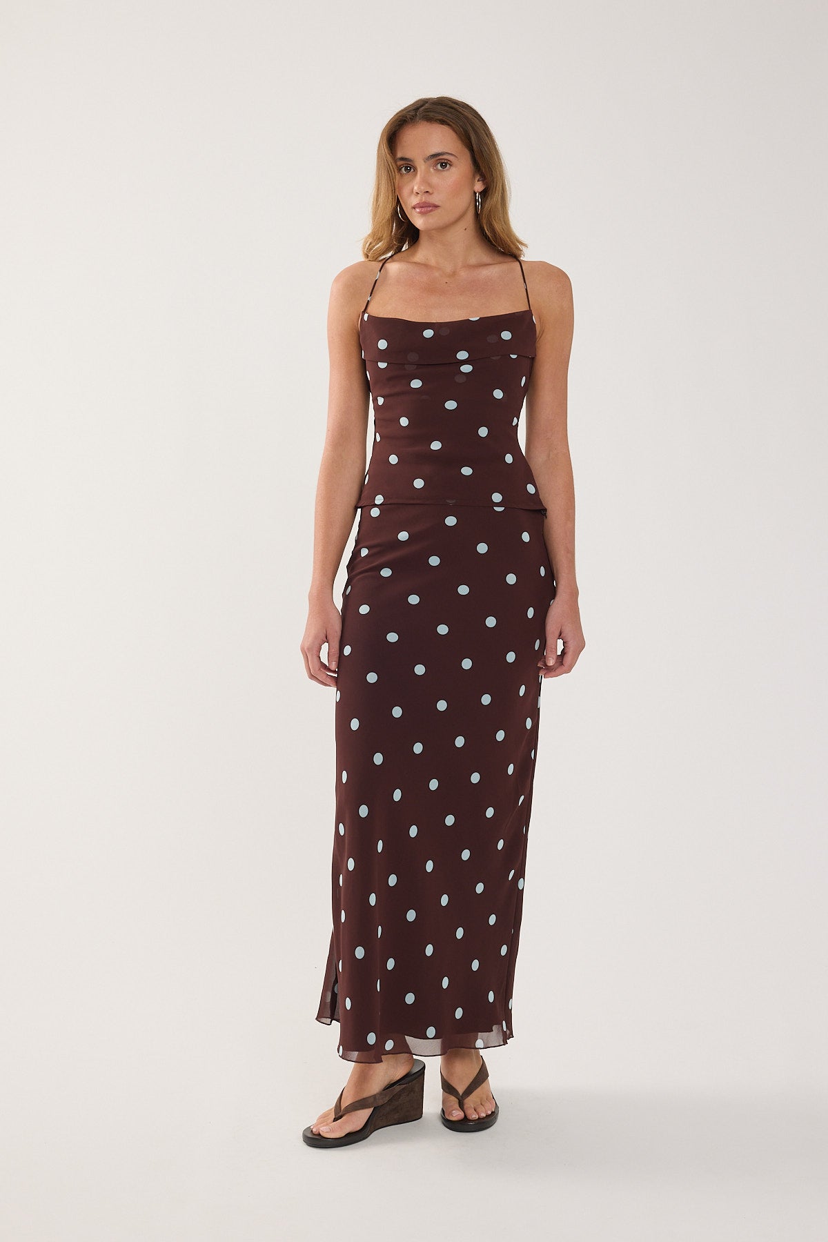 Perfect Stranger Naya Polka Maxi Skirt Blue/Brown Polka