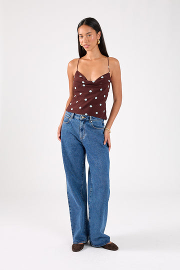Perfect Stranger Naya Polka Tie Back Top Blue/Brown Polka