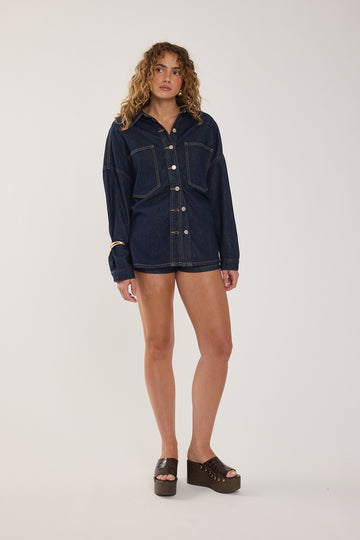 Perfect Stranger Wren Denim Over Shirt Dark Blue Denim