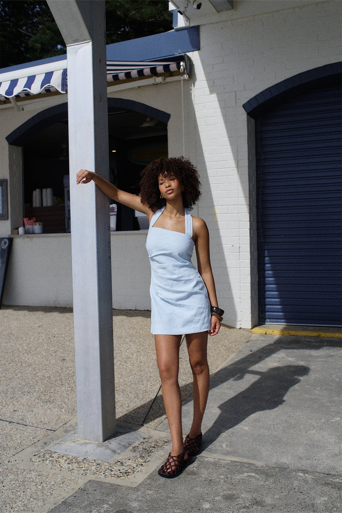 Perfect Stranger Claire Linen Halter Mini Dress Blue