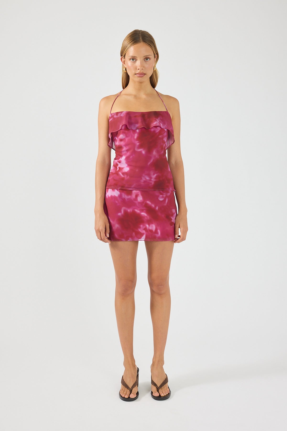 Perfect Stranger Cerise Mid Rise Mini Skirt Pink Print