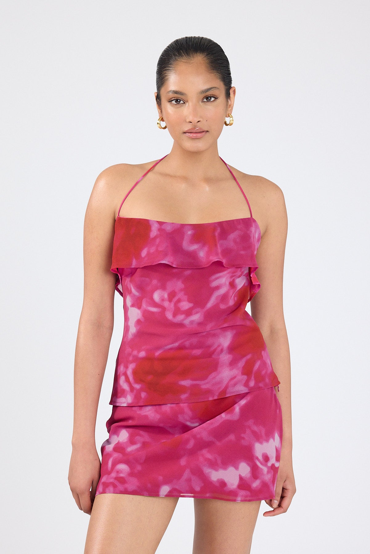 Perfect Stranger Cerise Mid Rise Mini Skirt Pink Print