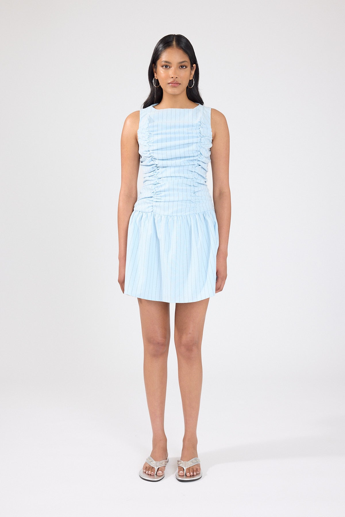 Perfect Stranger Nikki Gathered High Neck Mini Dress Blue Stripe