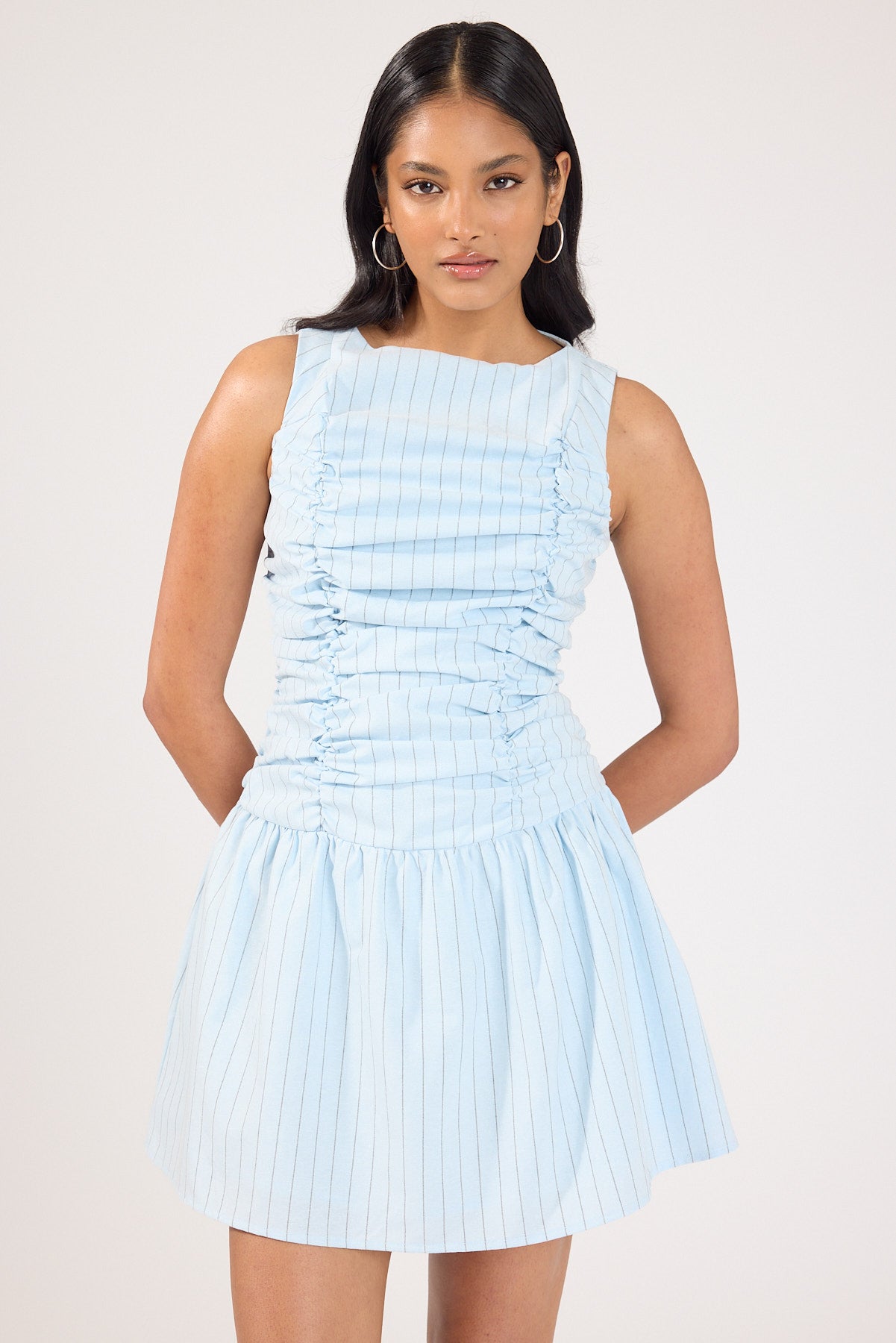 Perfect Stranger Nikki Gathered High Neck Mini Dress Blue Stripe