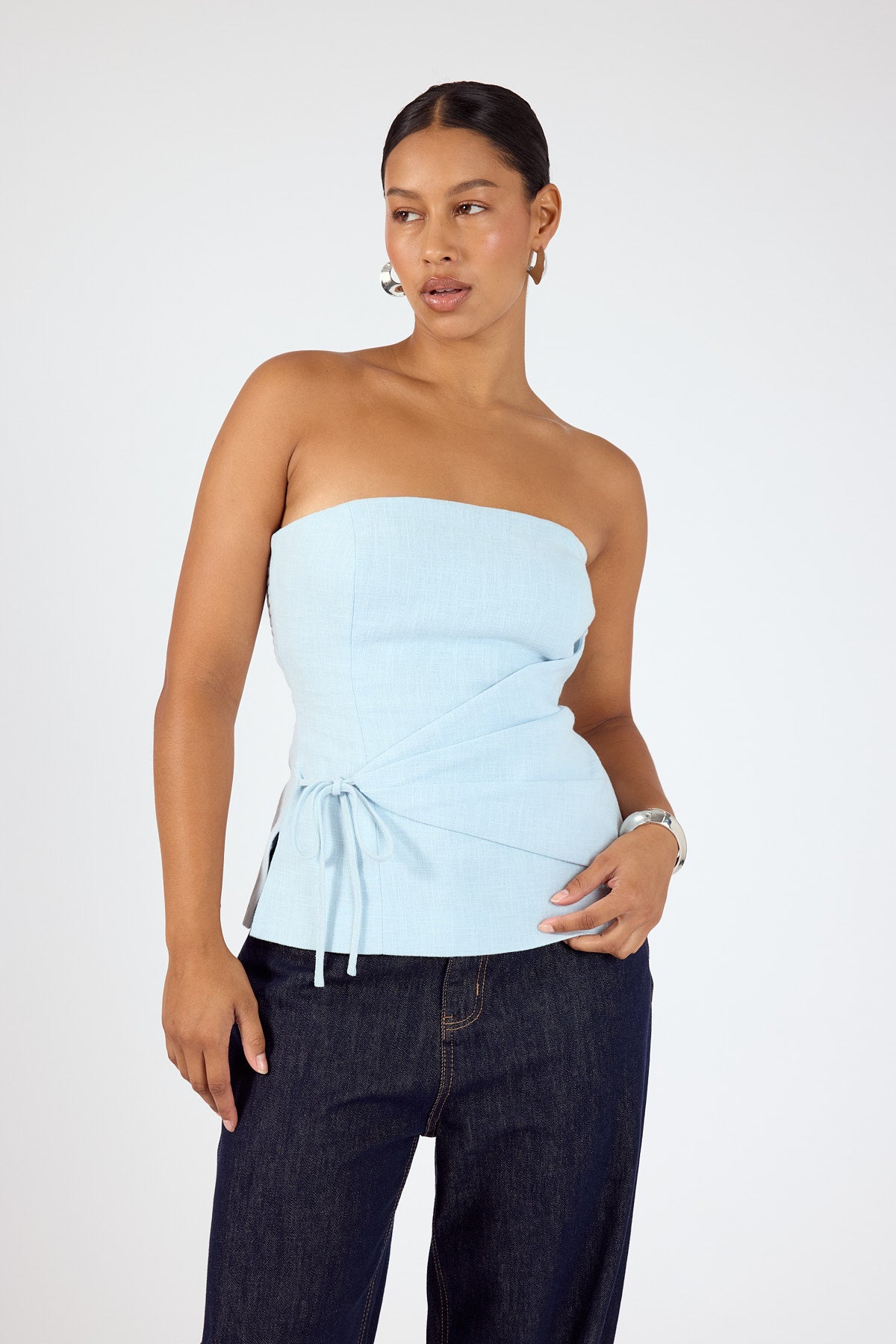 Perfect Stranger Maris Strapless Linen Top Light Blue