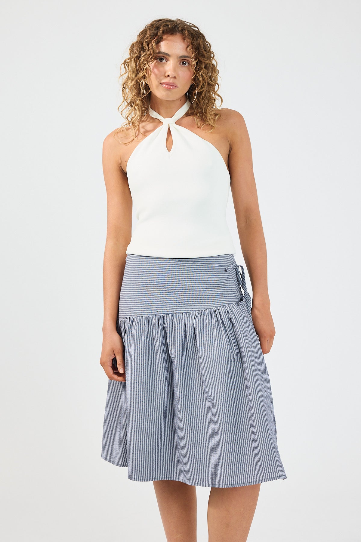 Perfect Stranger Mysti Wrap Midi Skirt Navy Stripe