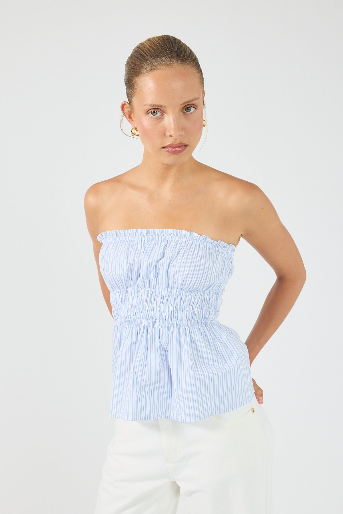 Perfect Stranger Skye Stripe Strapless Top Blue Stripe