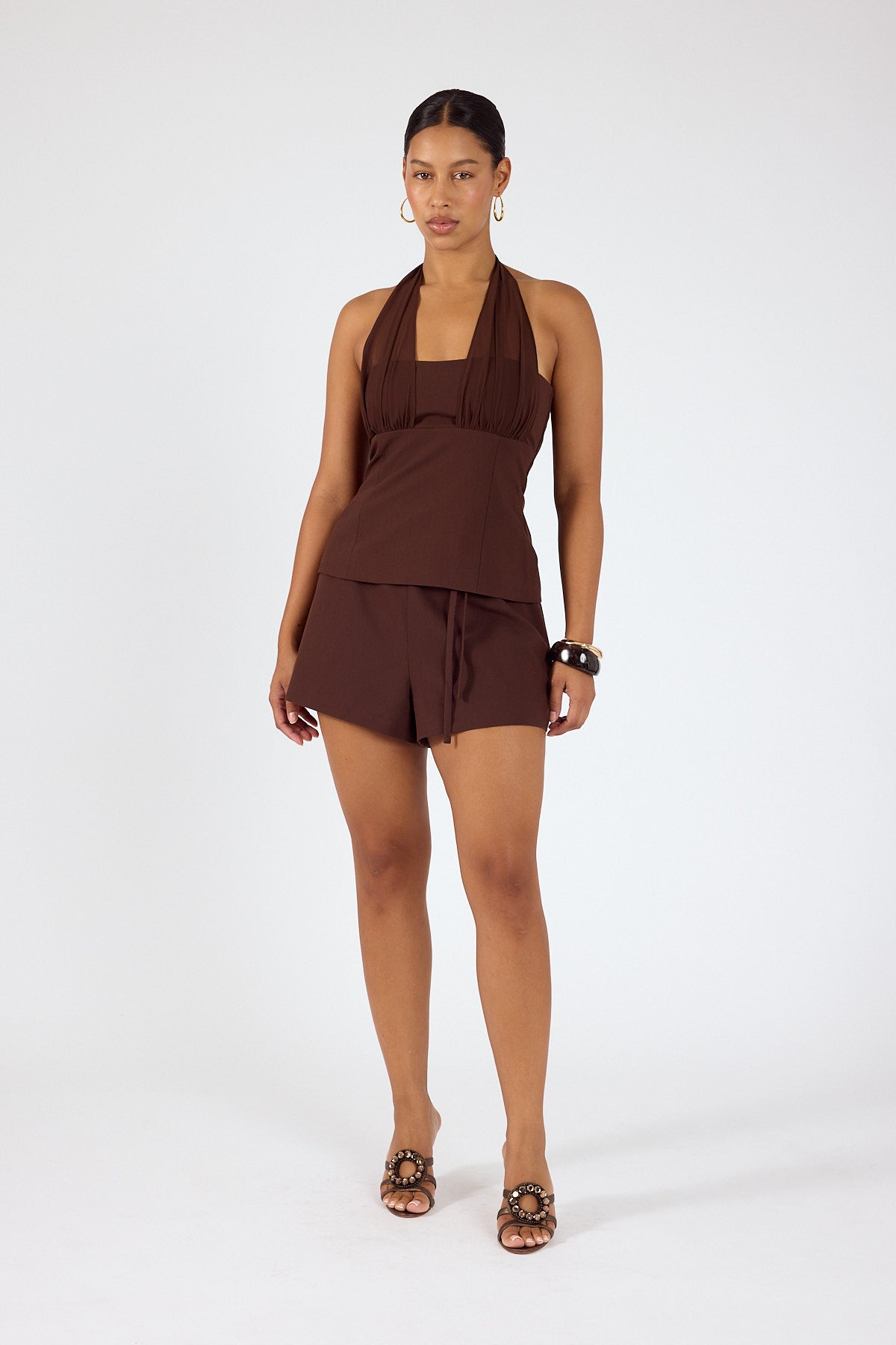 Perfect Stranger Rowan Mid Waisted Suiting Shorts Brown