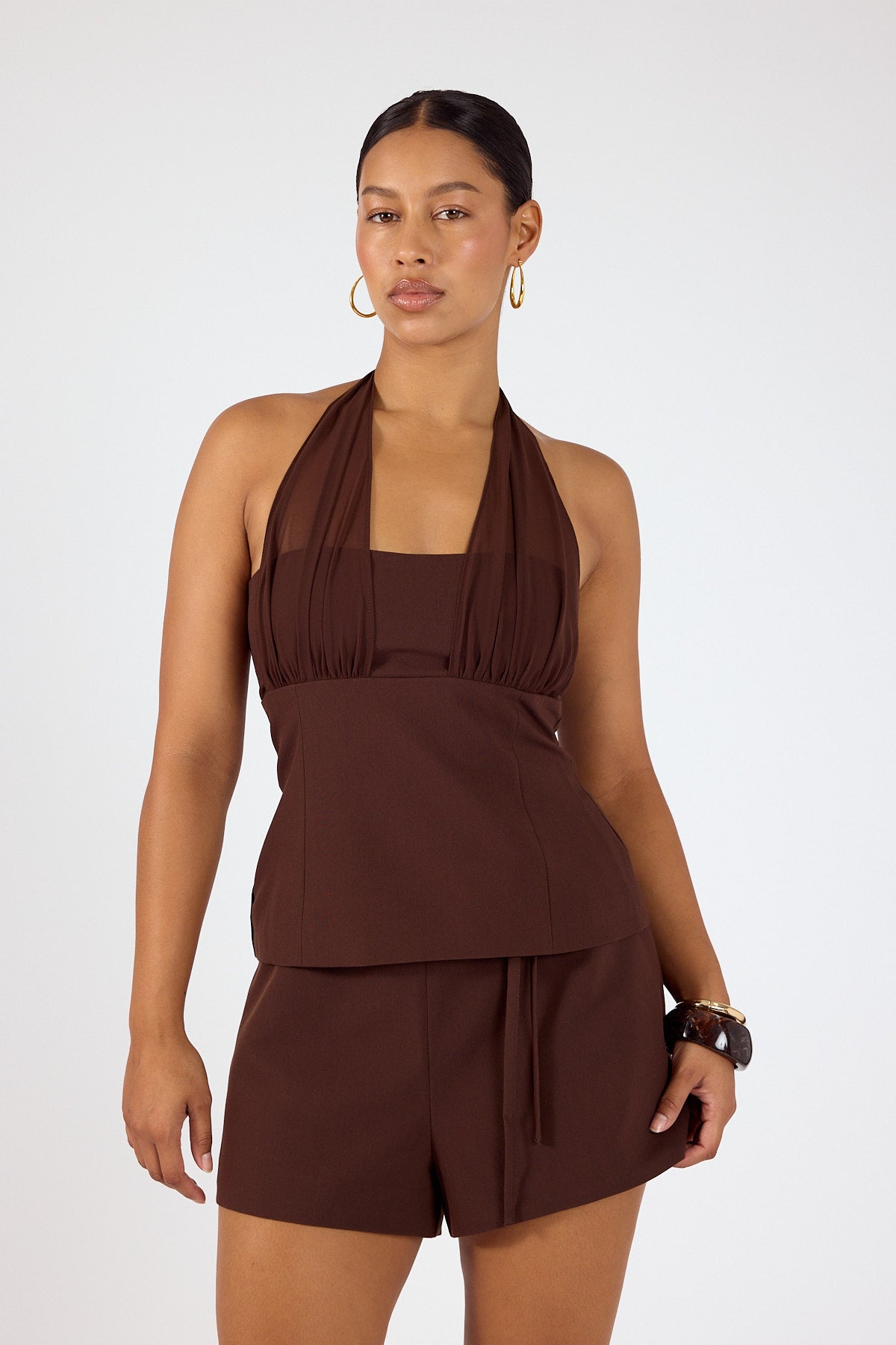 Perfect Stranger Rowan Mid Waisted Suiting Shorts Brown