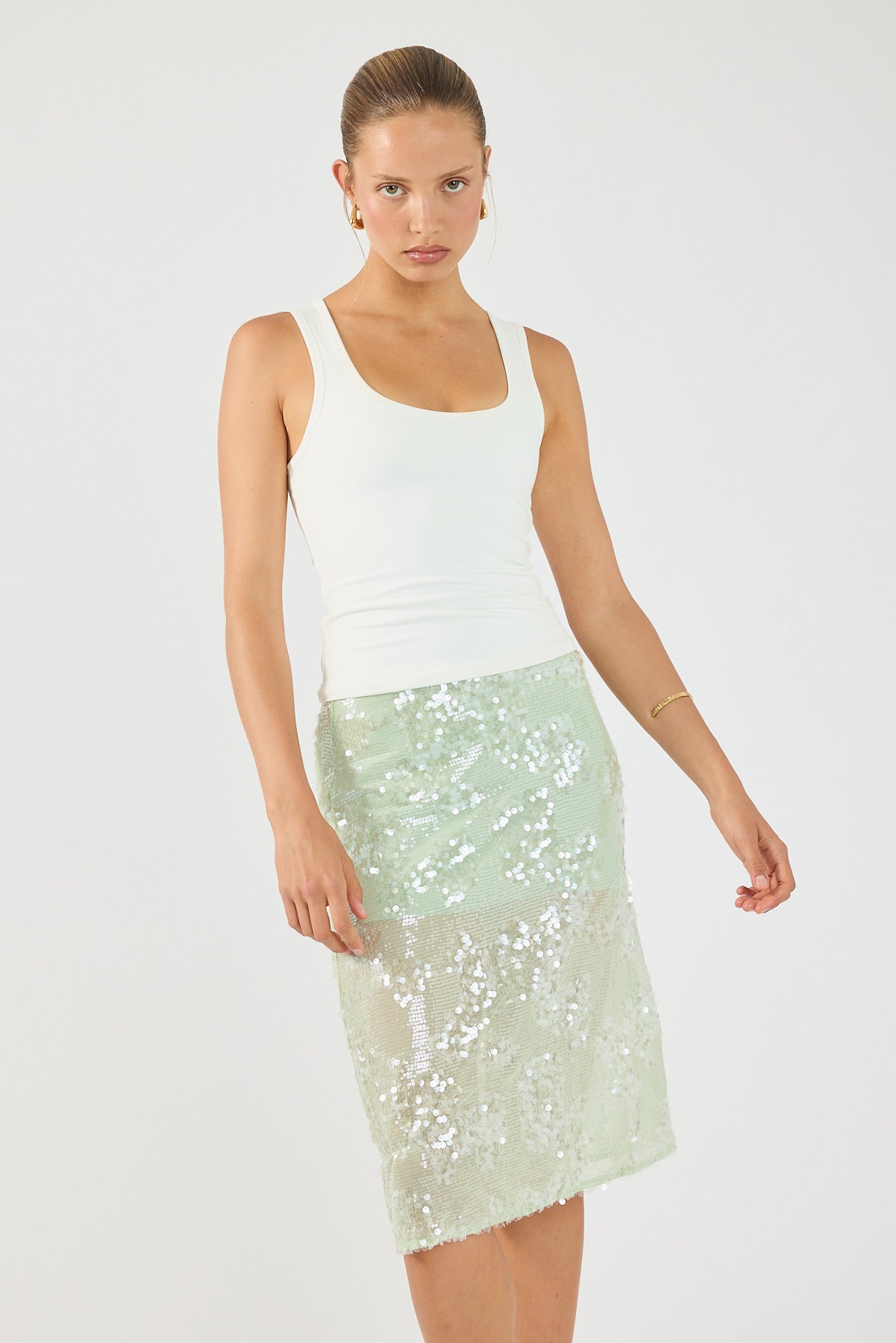 Perfect Stranger Zelie Sequin Midi Skirt Mint