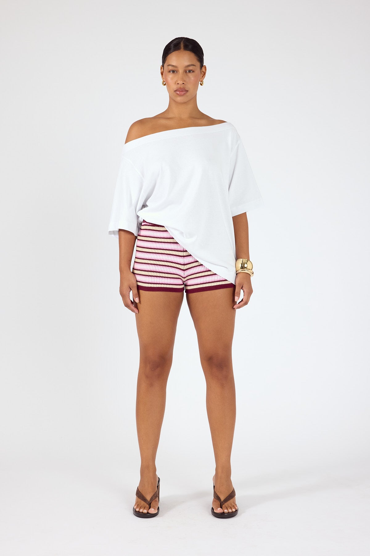 Perfect Stranger Dawn Crochet Mini Shorts Burgundy Stripe
