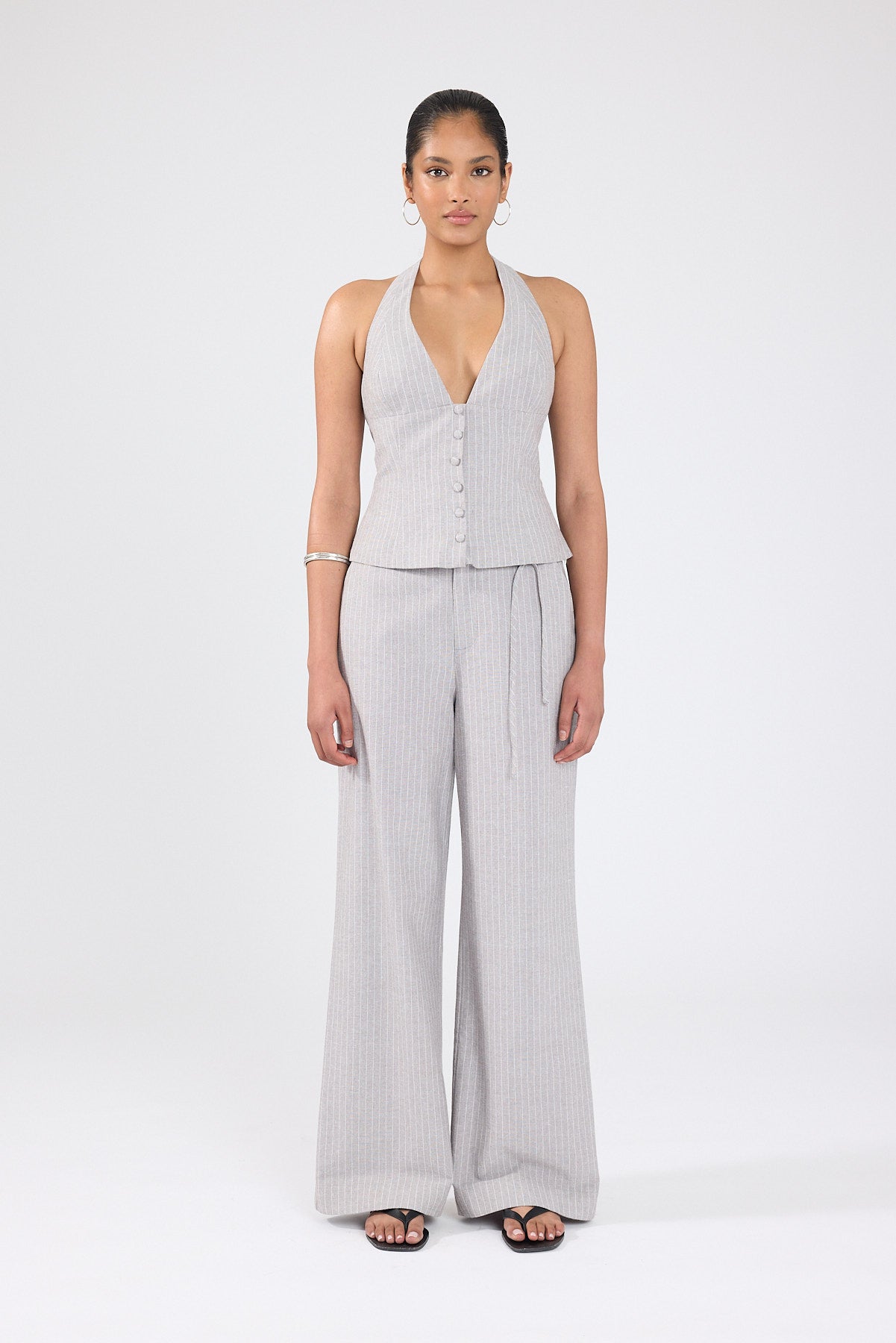 Perfect Stranger Rowe Halter Top Grey Pinstripe