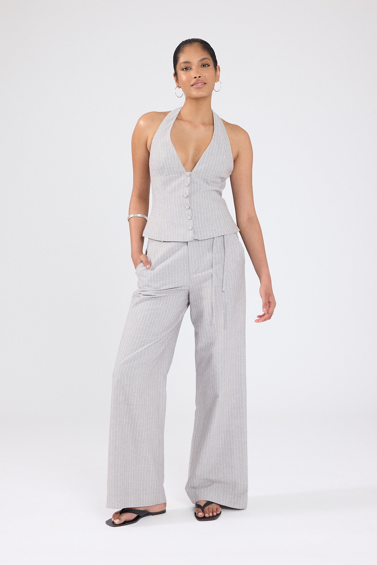 Perfect Stranger Rowe Halter Top Grey Pinstripe
