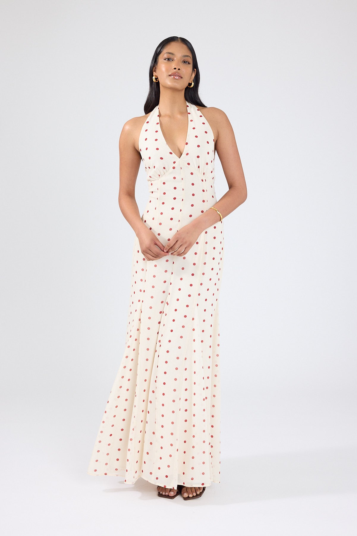 Perfect Stranger Ivana Halter Chiffon Maxi Dress Cream/Red Polka Dot