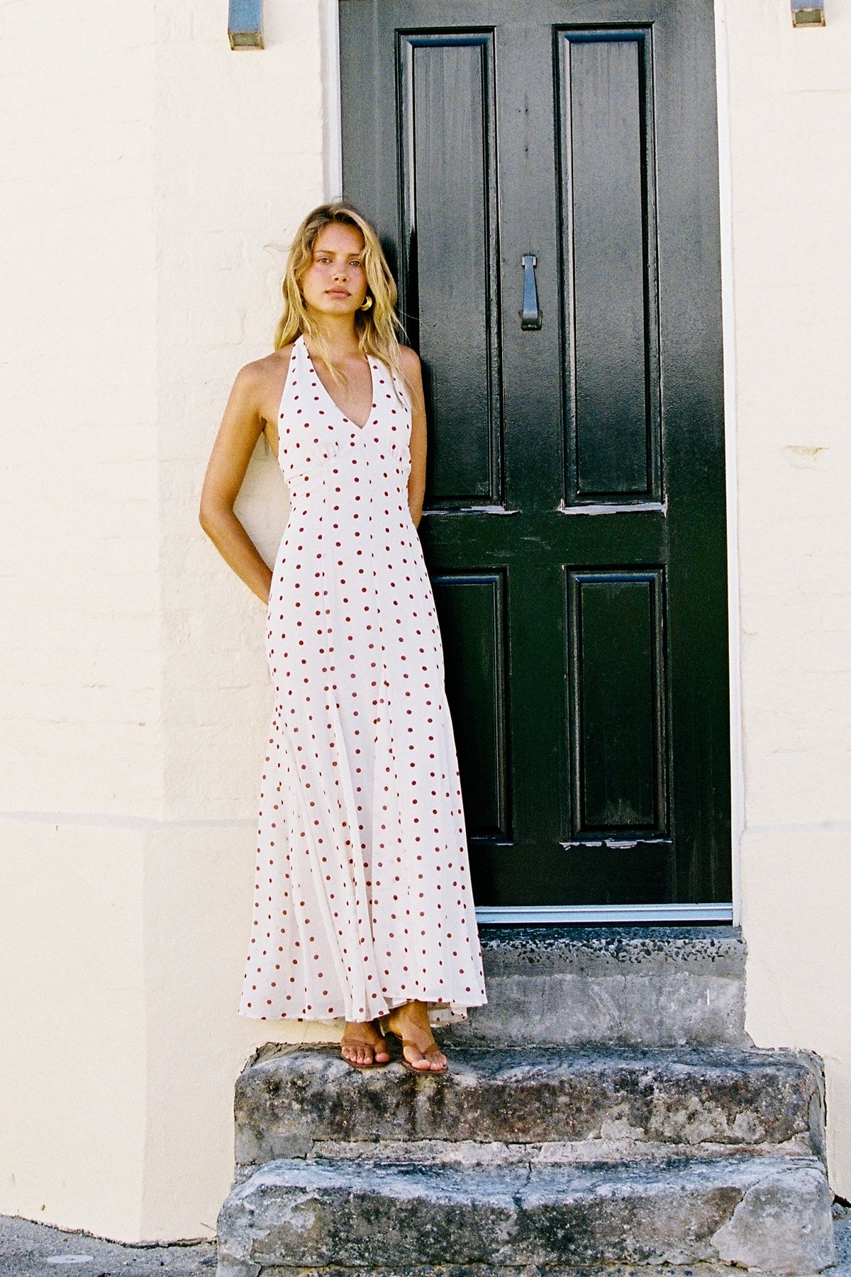 Perfect Stranger Ivana Halter Chiffon Maxi Dress Cream/Red Polka Dot