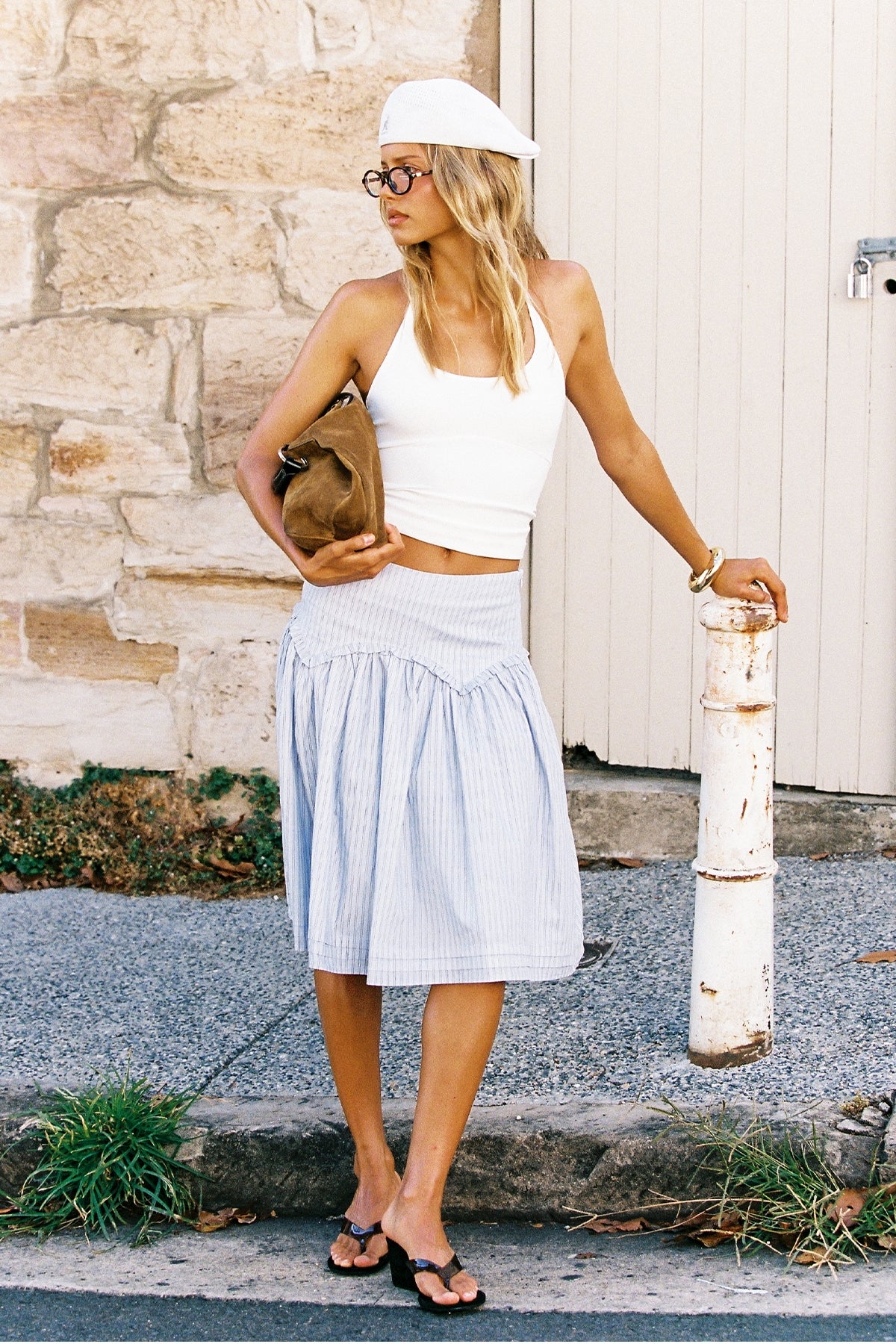 Perfect Stranger Montel Mid Rise Midi Skirt Blue Stripe