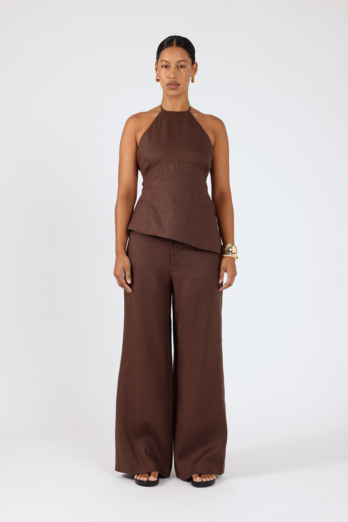 Perfect Stranger Reese Mid Rise Linen Pants Brown
