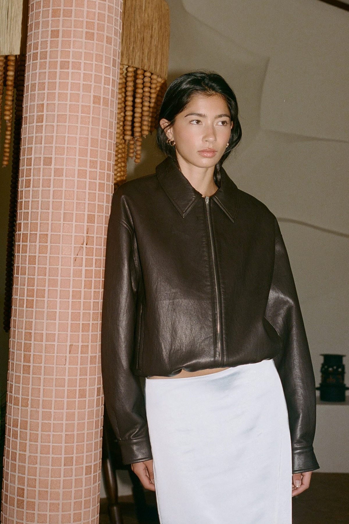 Perfect Stranger Jude Bubble Faux Leather Bomber Jacket Brown