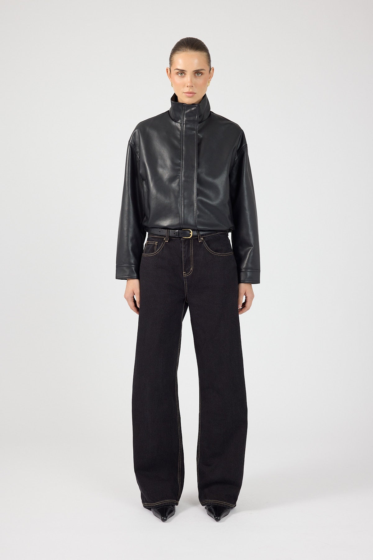 Perfect Stranger Leo Funnel Neck Faux Leather Bomber Jacket Black