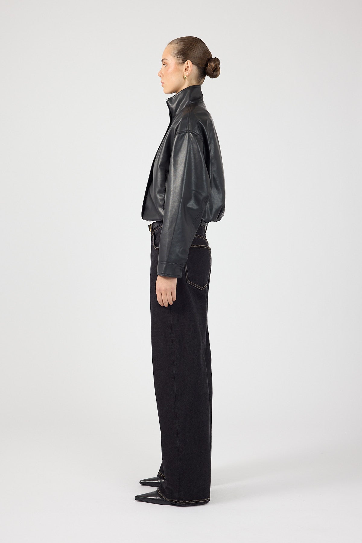 Perfect Stranger Leo Funnel Neck Faux Leather Bomber Jacket Black