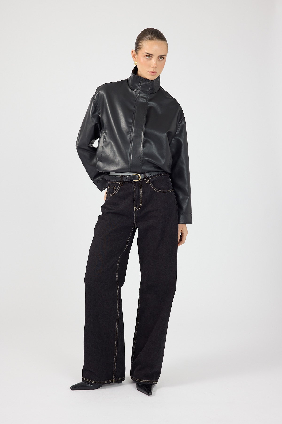 Perfect Stranger Leo Funnel Neck PU Bomber Jacket Black