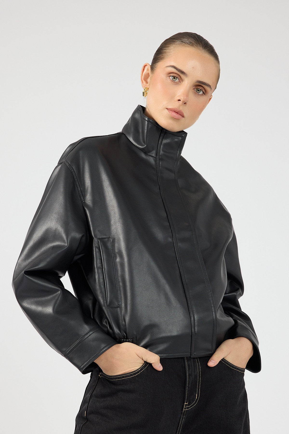 Perfect Stranger Leo Funnel Neck Faux Leather Bomber Jacket Black