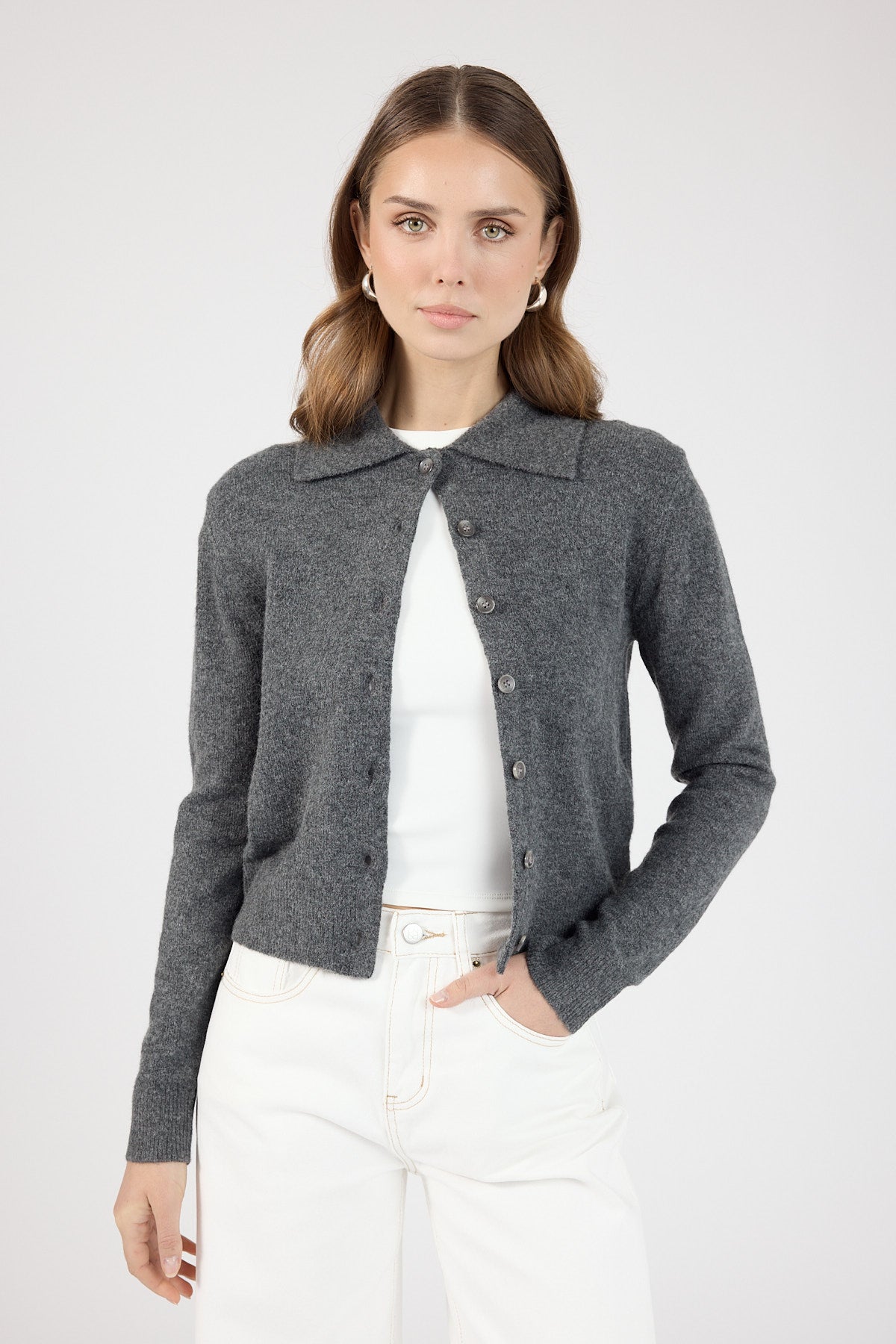 Perfect Stranger Maia Collared Knit Cardigan Charcoal