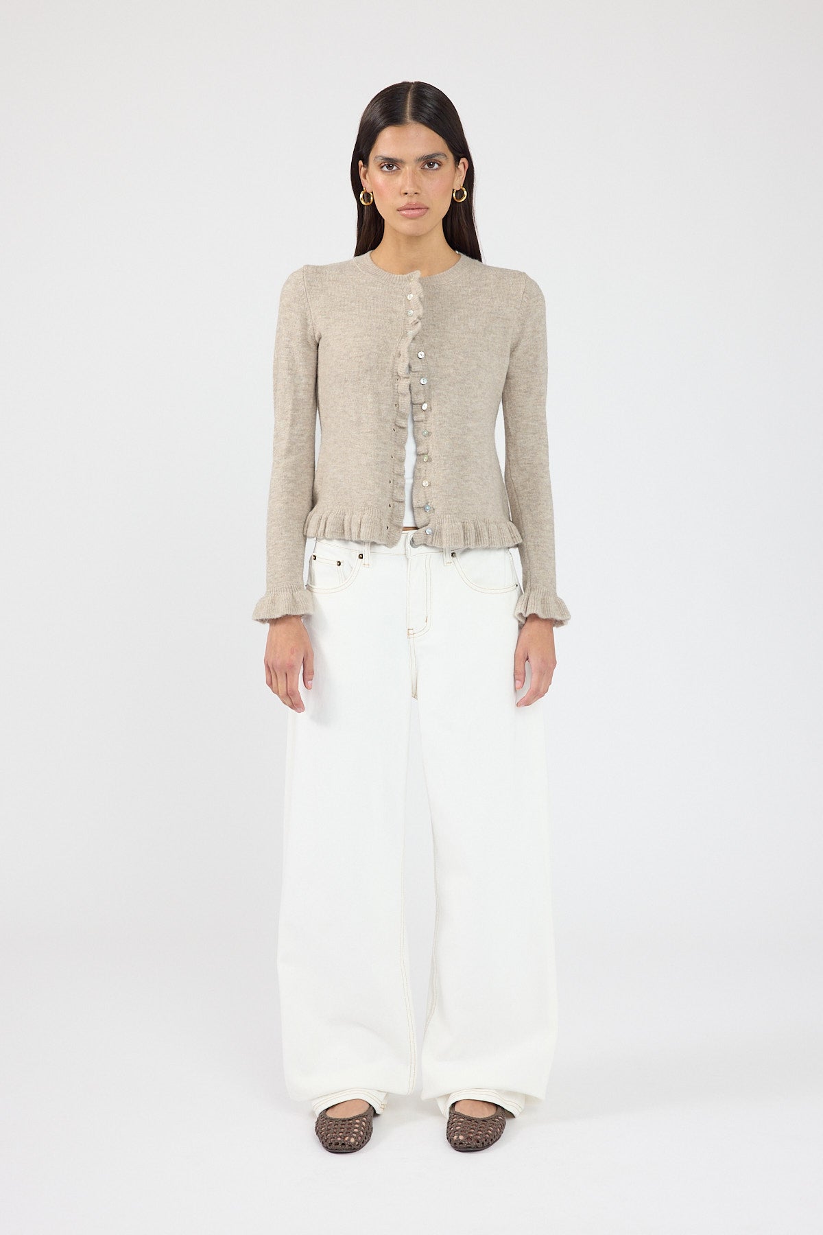 Perfect Stranger Elena Frill Knit Cardigan Taupe