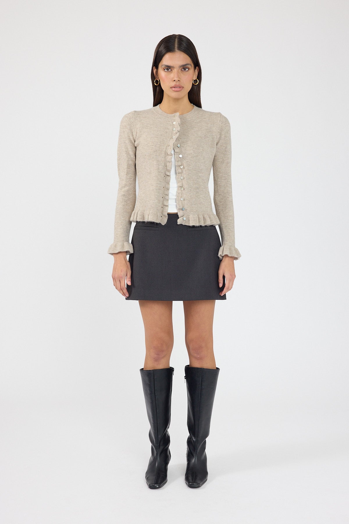 Perfect Stranger Elena Frill Knit Cardigan Taupe