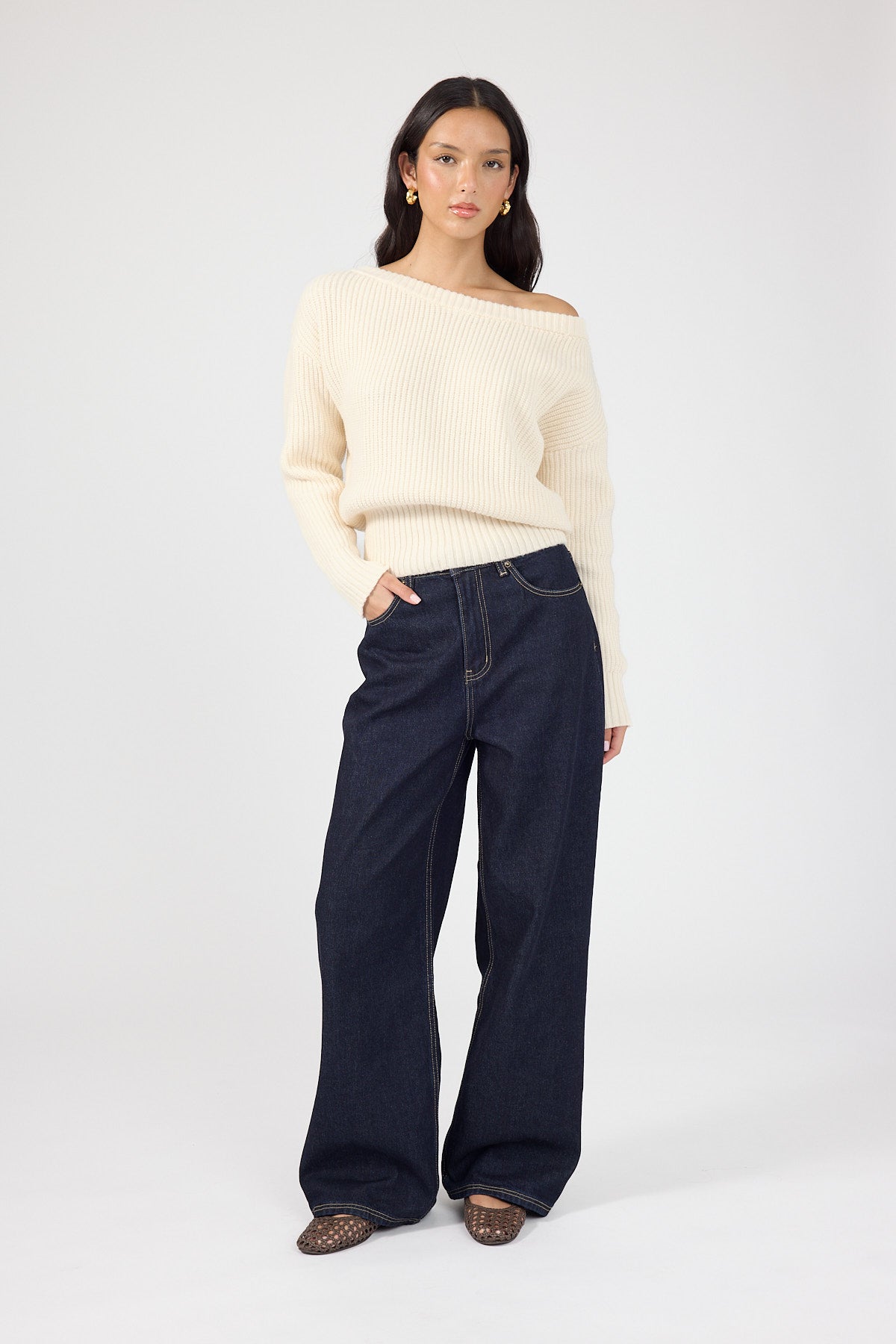 Perfect Stranger Blaire Off Shoulder Knit Jumper Cream