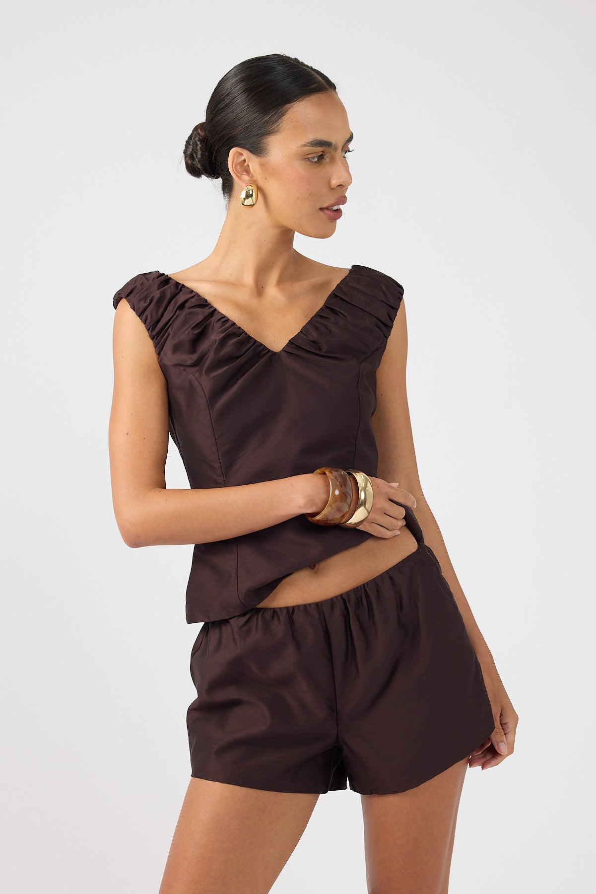 Perfect Stranger Kelly Gathered Mid Rise Shorts Brown