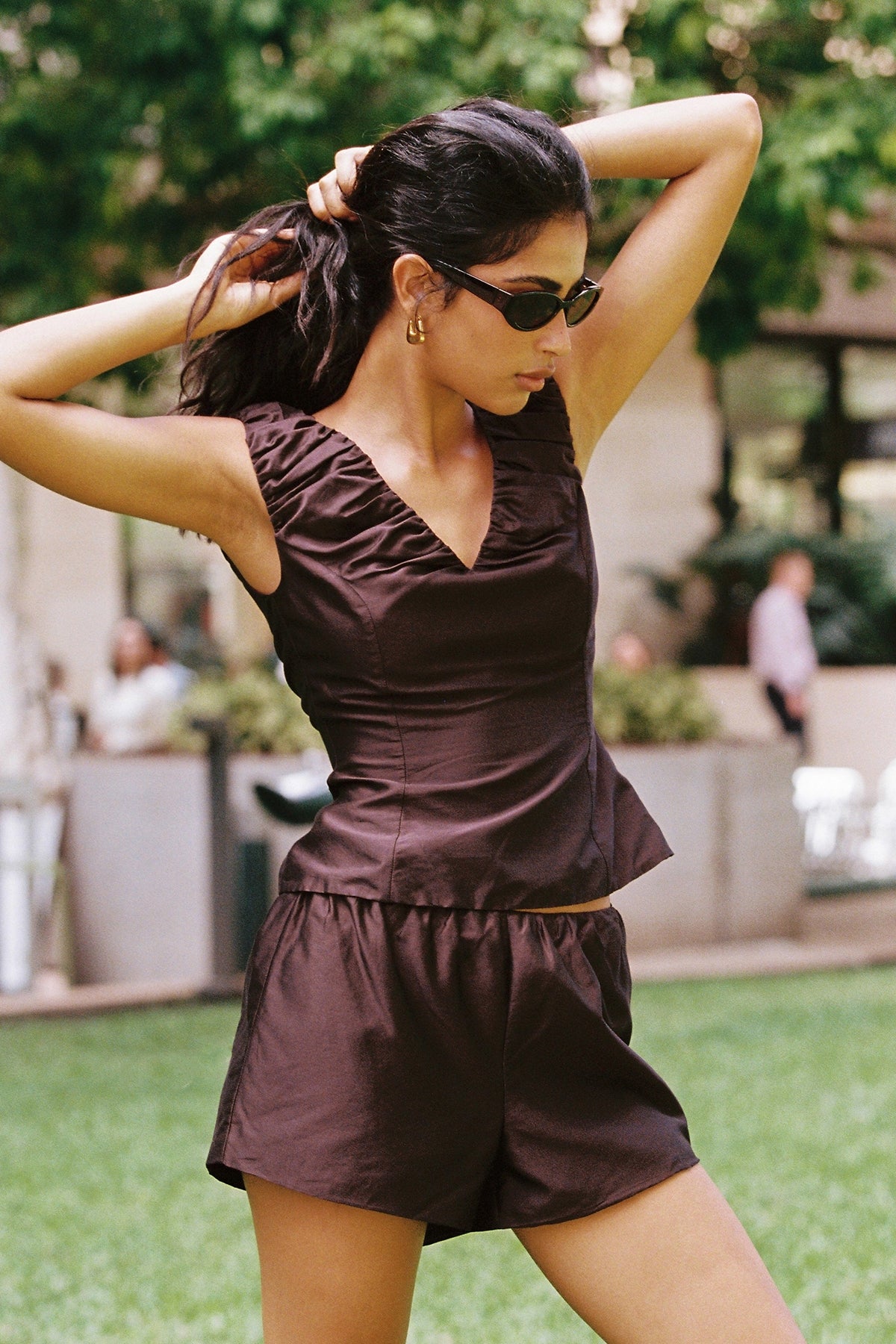 Perfect Stranger Kelly Gathered Mid Rise Shorts Brown