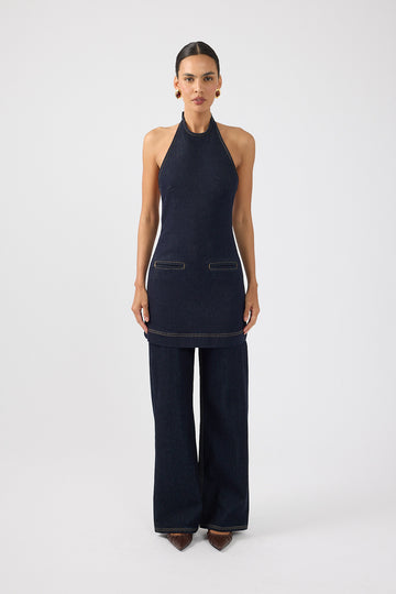 Perfect Stranger Spencer Denim Halter Mini Dress Dark Blue Denim