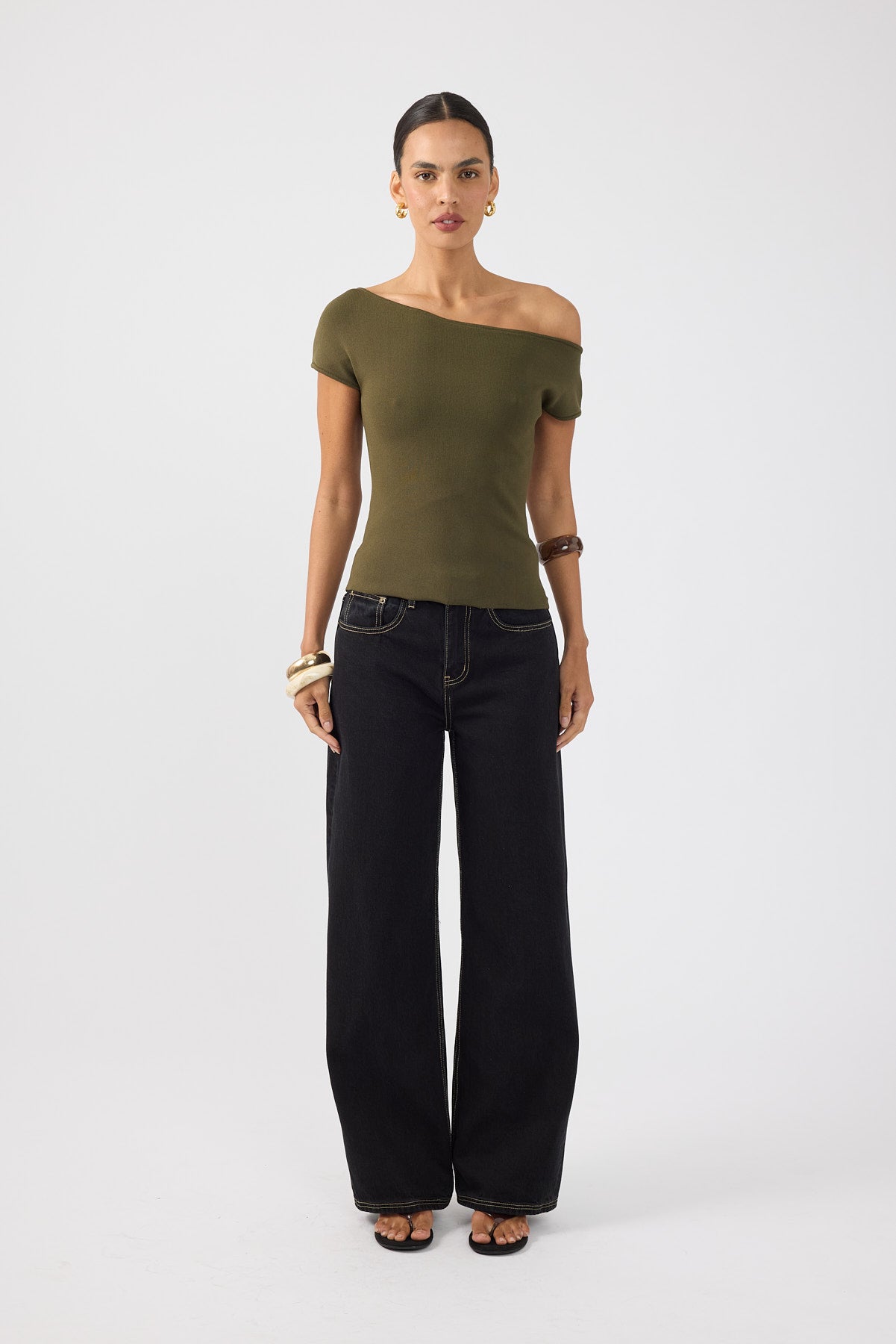 Perfect Stranger Claude One Shoulder Knit Top Khaki