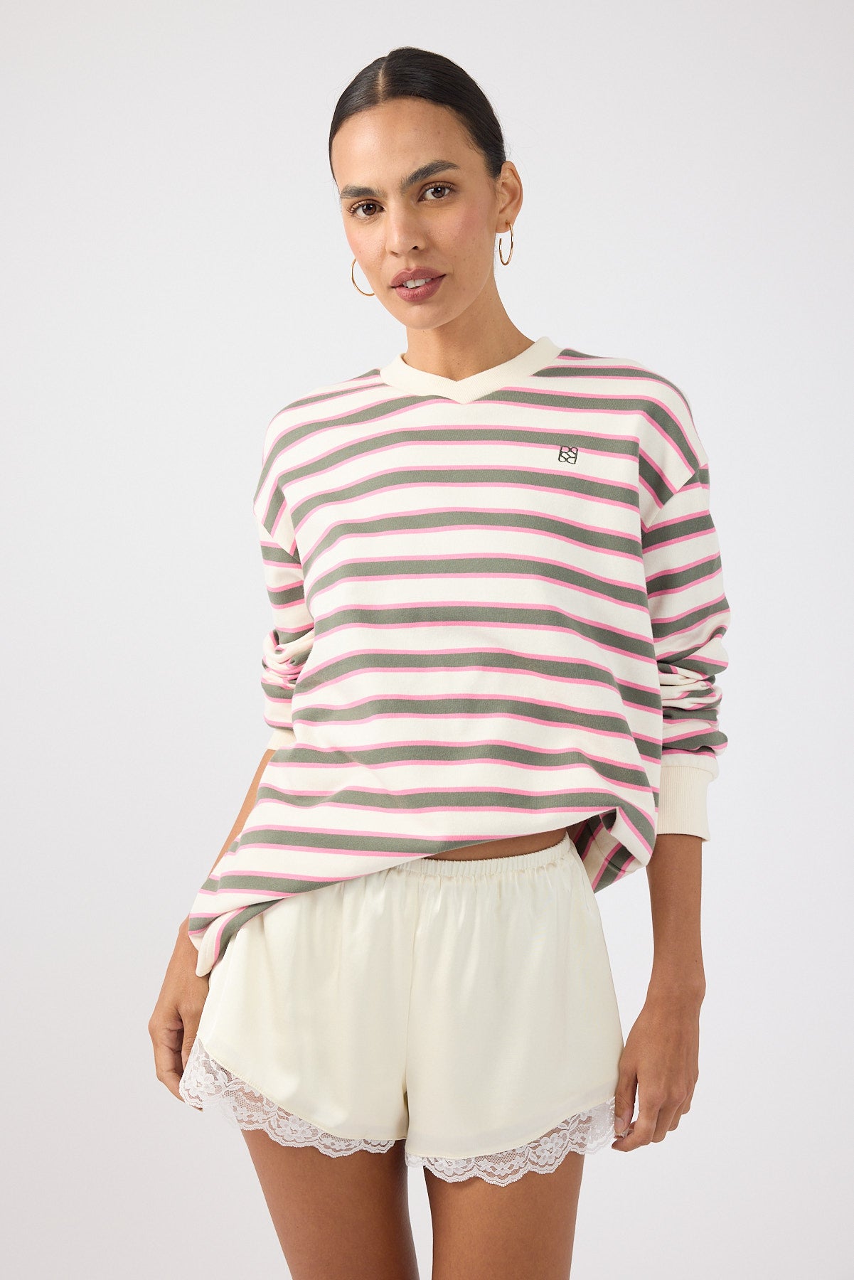 Perfect Stranger Francis Stripe V-Neck Rugby Pink/ Khaki Stripe