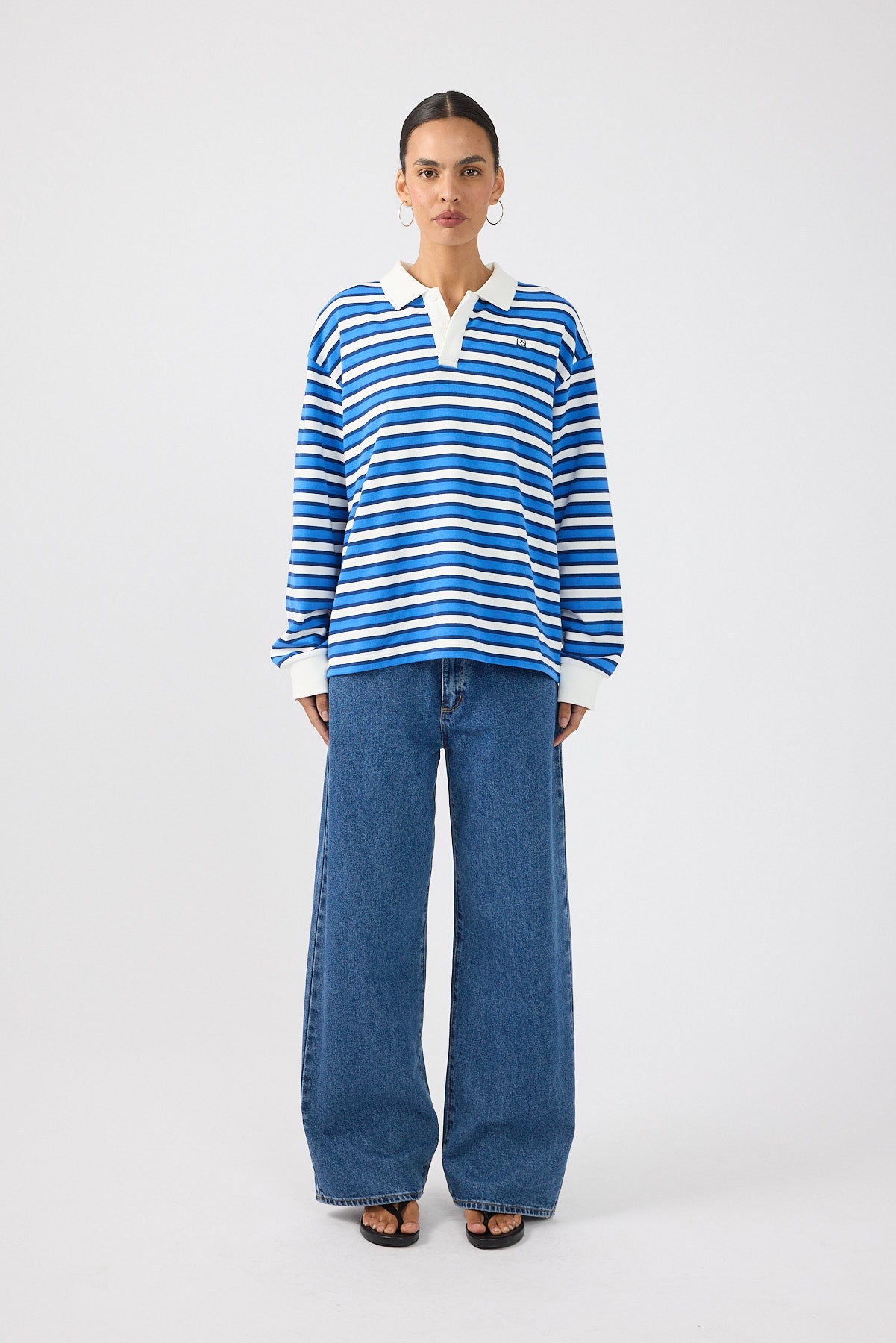 Perfect Stranger Leon Stripe Rugby Fleece Top Blue Stripe