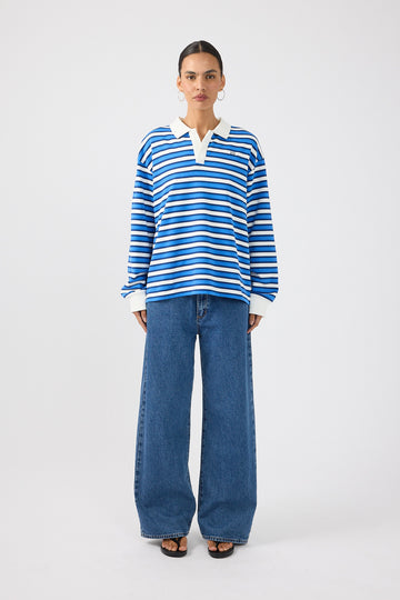 Perfect Stranger Leon Stripe Rugby Fleece Top Blue Stripe