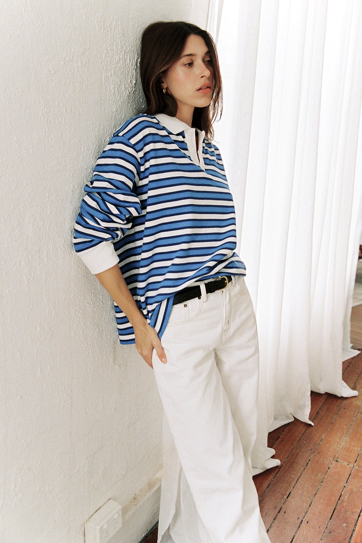 Perfect Stranger Leon Stripe Rugby Fleece Top Blue Stripe