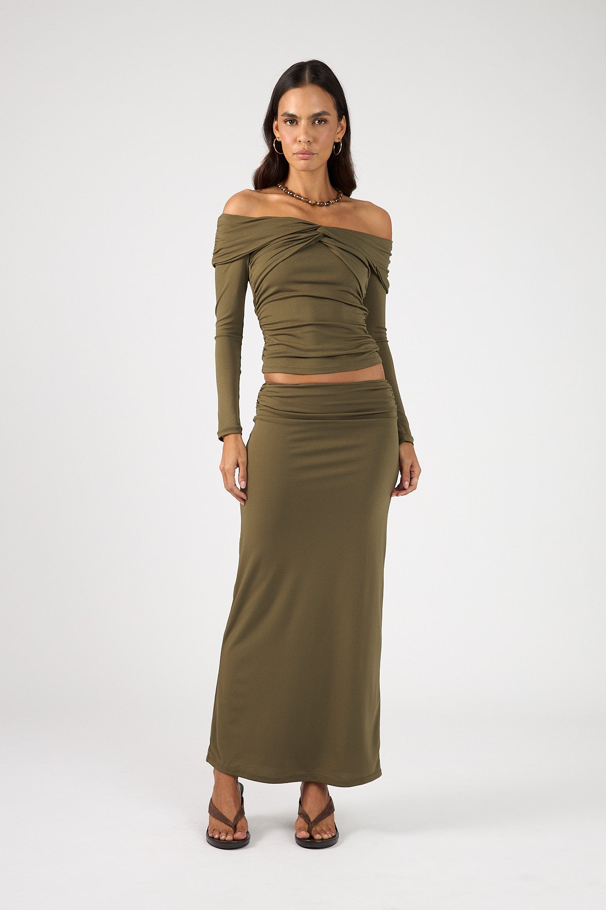 Perfect Stranger Akira Long Sleeve Twist Top Khaki Green